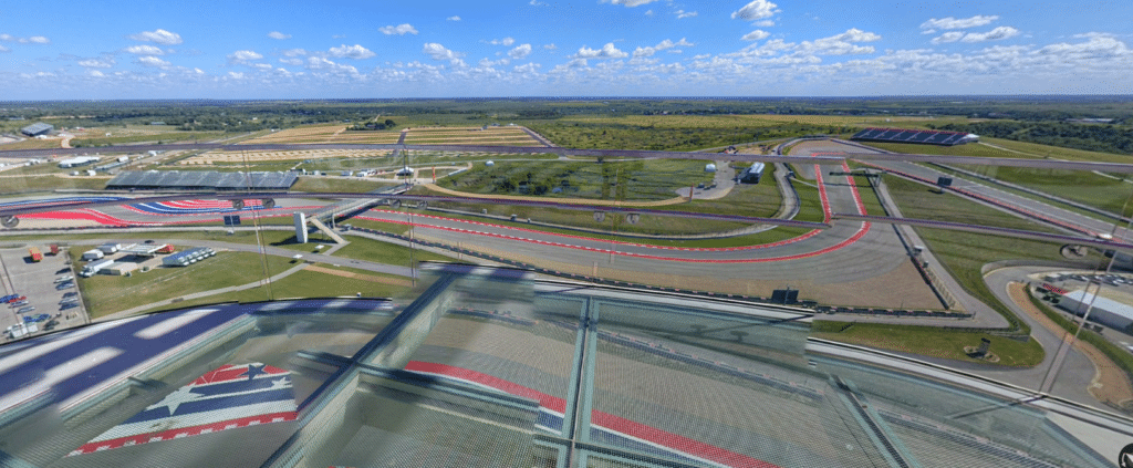 an aerial view of COTA Turn 16 - 17 general admission viewing area