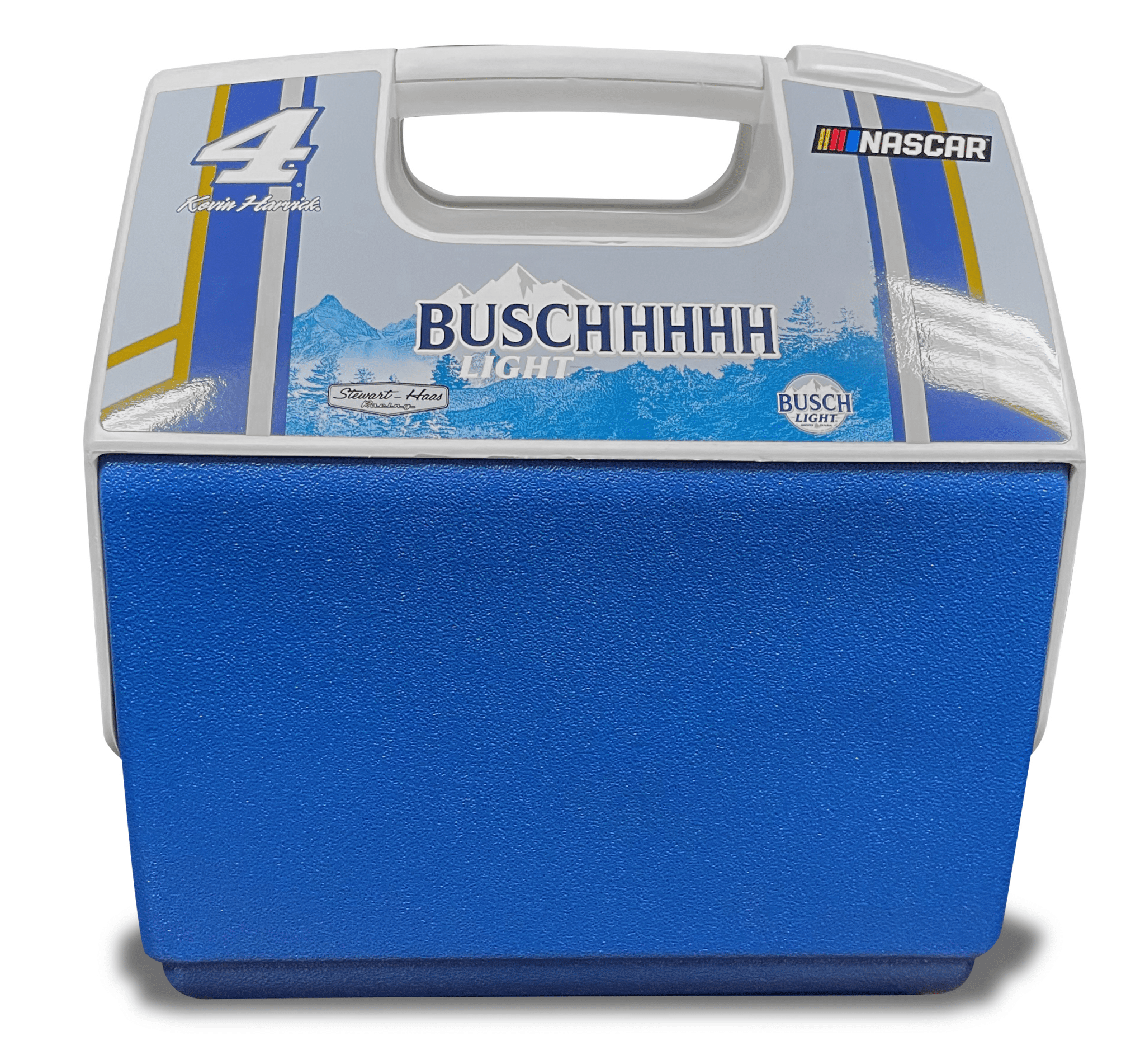 a blue lunch box with a white handle