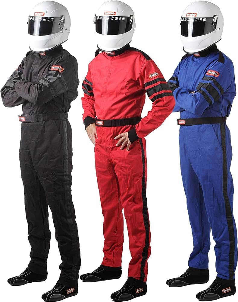 three men in racing gear standing next to each other