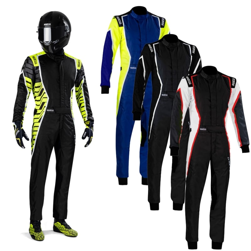a group of three racing suits on a white background