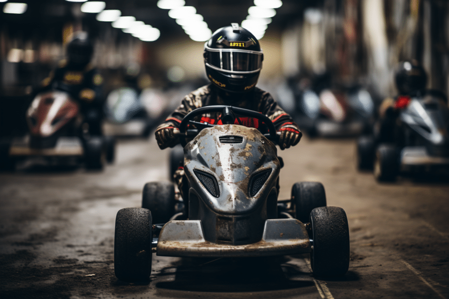 a person riding a go kart with a helmet on