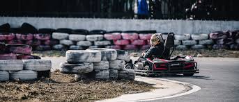a person riding a go - cart down a winding road
