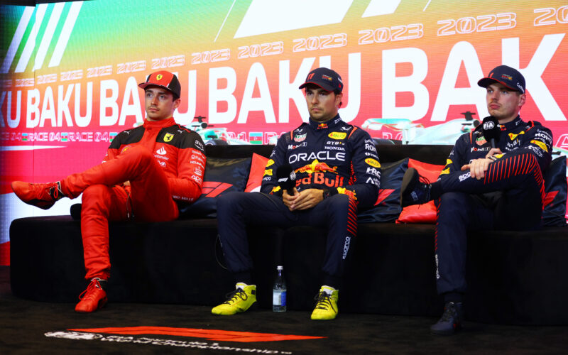 Sprint winner Sergio Perez of Mexico and Oracle Red Bull Racing (C), Second placed Charles Leclerc of Monaco and Ferrari and Third placed Max Verstappen of the Netherlands and Oracle Red Bull Racing attend the press conference after the Sprint ahead of the F1 Grand Prix of Azerbaijan at Baku City Circuit on April 29, 2023 in Baku, Azerbaijan. (Photo by Bryn Lennon/Getty Images)