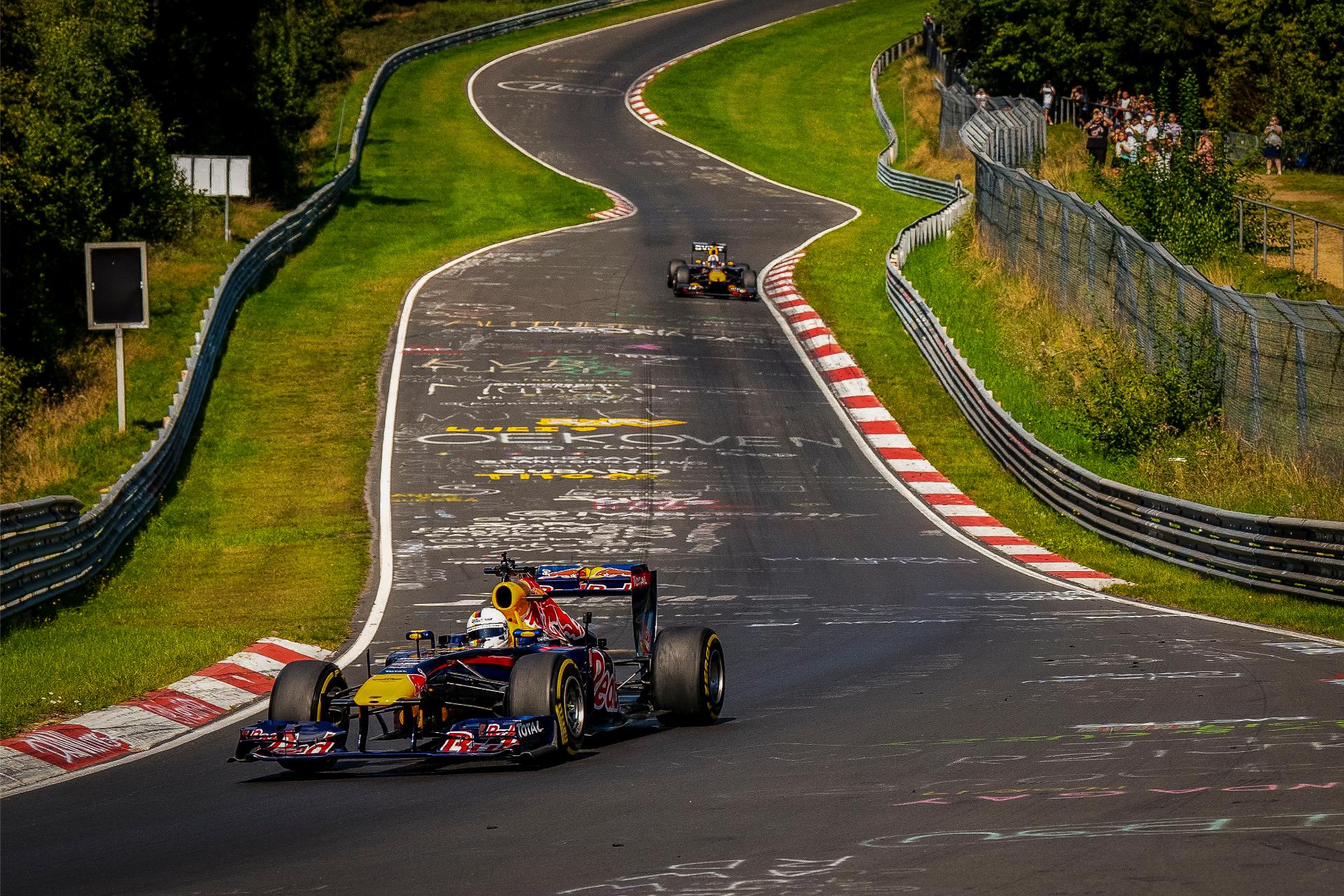 Red Bull f1 cars driving at Nurburgring