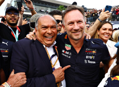 MEXICO CITY, MEXICO - OCTOBER 30: Red Bull Racing Team Principal Christian Horner and Antonio Perez Garibay celebrate in parc ferme during the F1 Grand Prix of Mexico at Autodromo Hermanos Rodriguez on October 30, 2022 in Mexico City, Mexico.