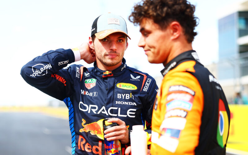 Sprint winner Max Verstappen of the Netherlands and Oracle Red Bull Racing and Third placed Lando Norris of Great Britain and McLaren talk in parc ferme during the Sprint ahead of the F1 Grand Prix of United States at Circuit of The Americas