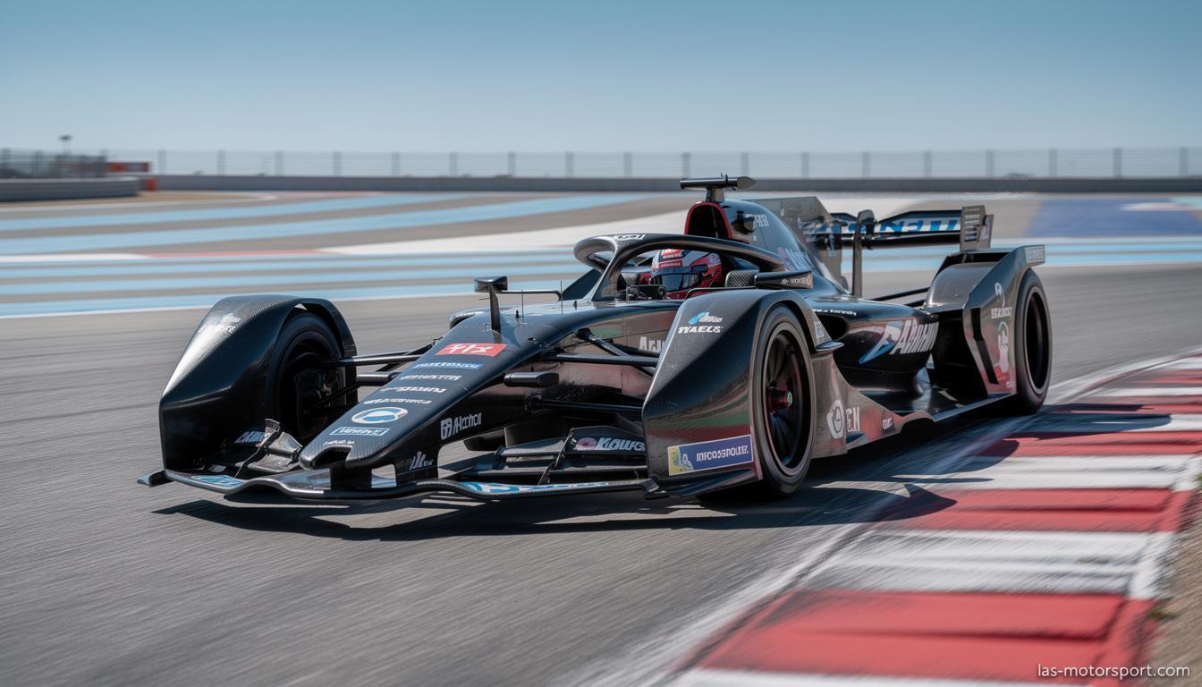 experience the thrill as a gen4 formula e electric racer takes the track at paul ricard circuit, showcasing cutting-edge electric racing technology and high-speed excitement.