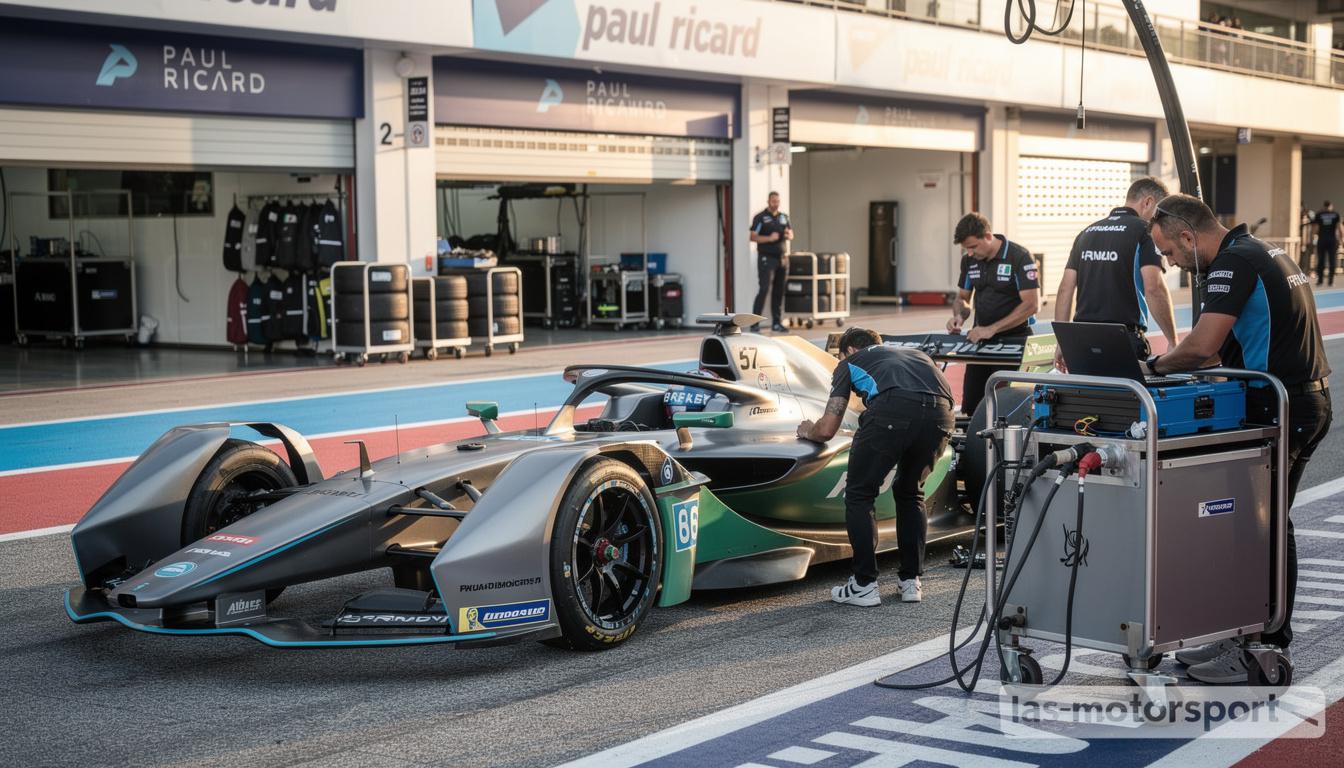 experience the thrill as a gen4 formula e electric racer takes on the paul ricard circuit, showcasing cutting-edge electric racing technology and high-speed excitement.