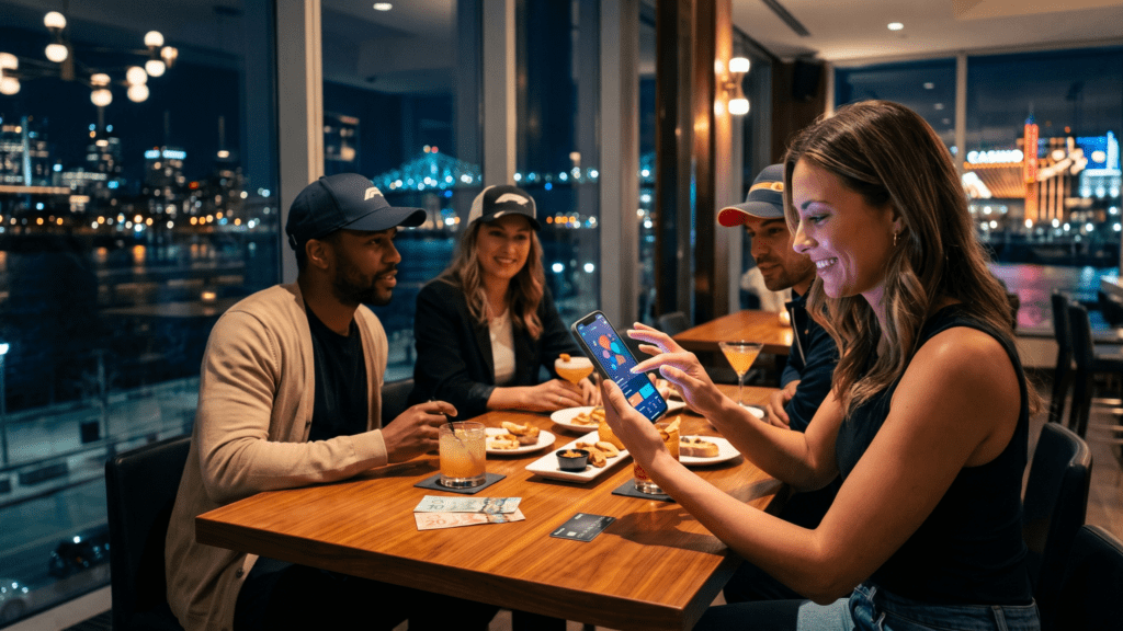Des passionnés du Grand Prix du Canada profitent d'une application de divertissement sur smartphone lors d'une soirée festive à Montréal.