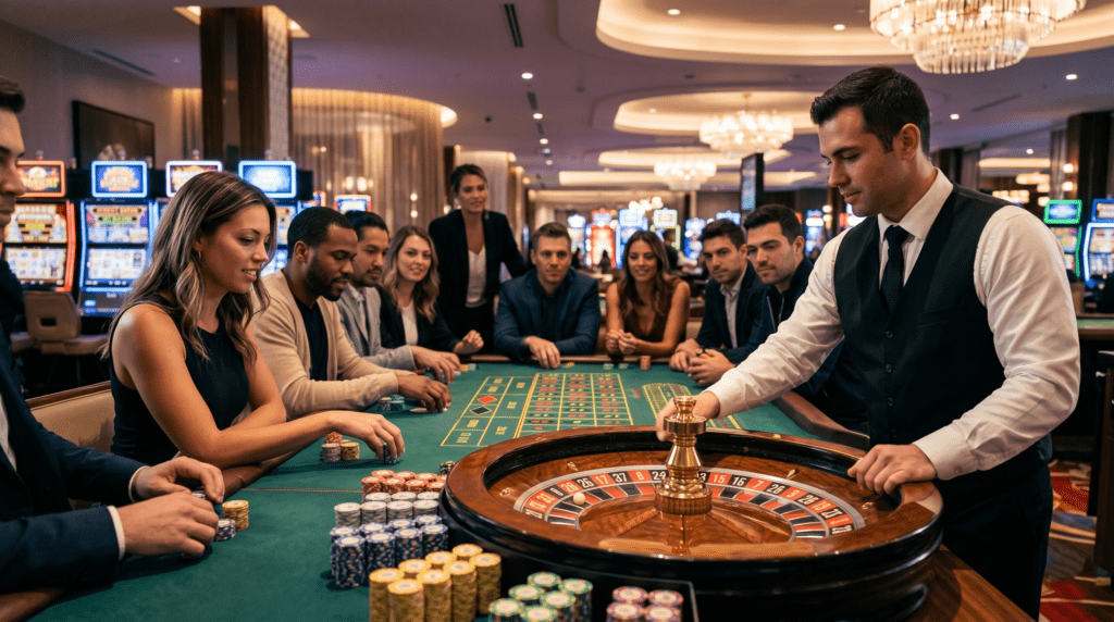 Des joueurs misant autour d'une table de roulette, symbole du divertissement nocturne qui anime Montréal durant le Grand Prix du Canada.