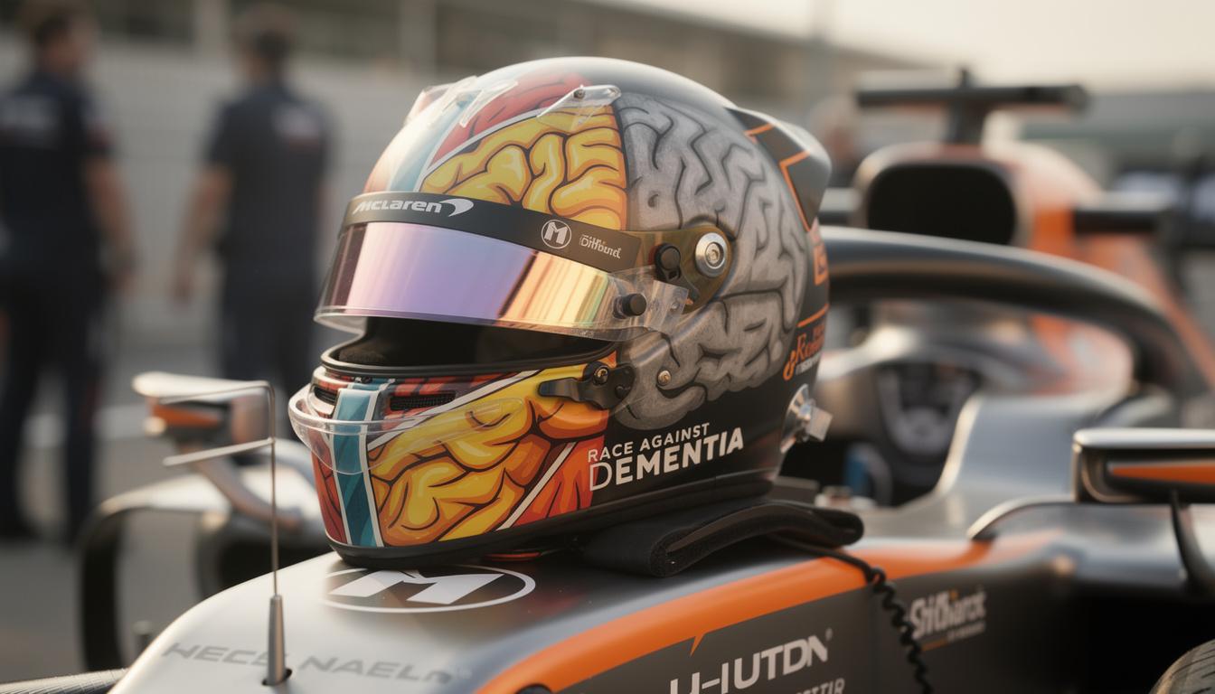 lando norris unveils a unique helmet design to support and honor the charity cause of a legendary formula 1 champion.