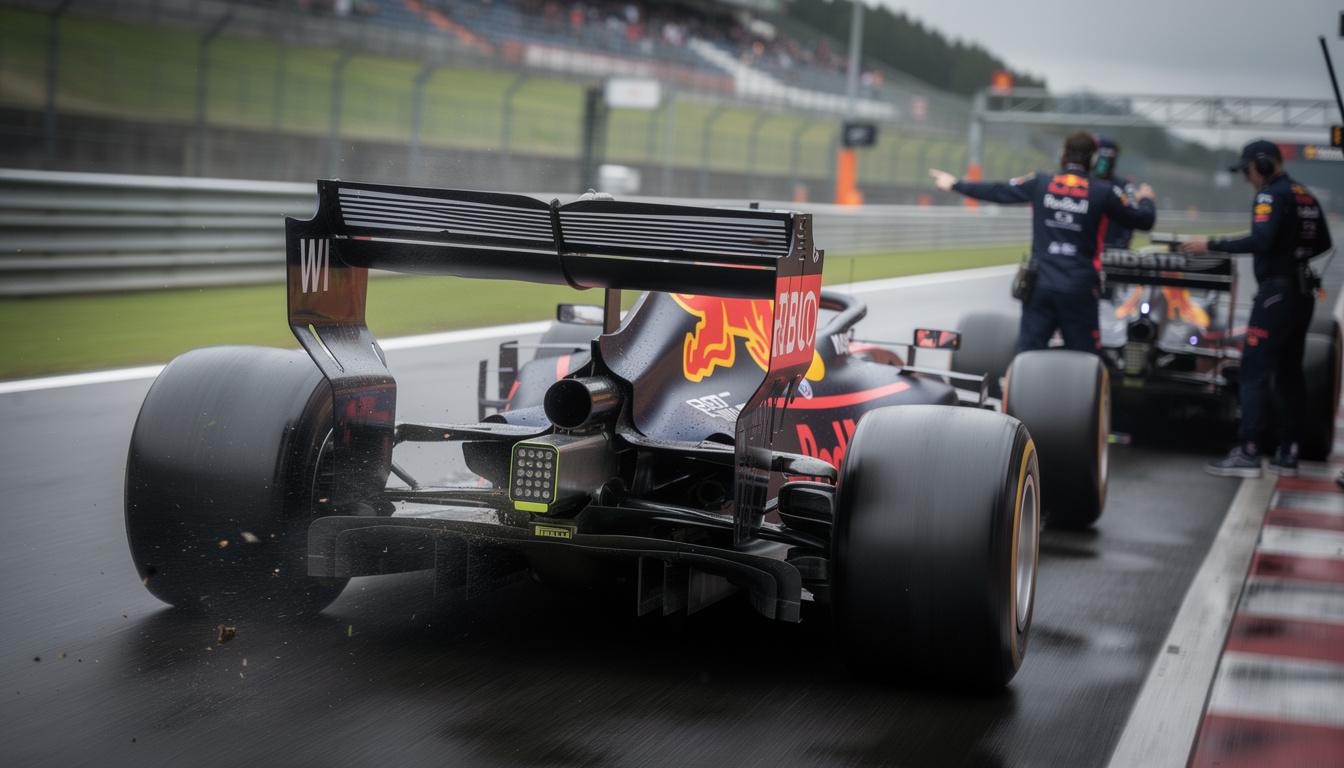 red bull investigates verstappen's rear wing malfunction, keeping all options open as they prepare for the spa race.