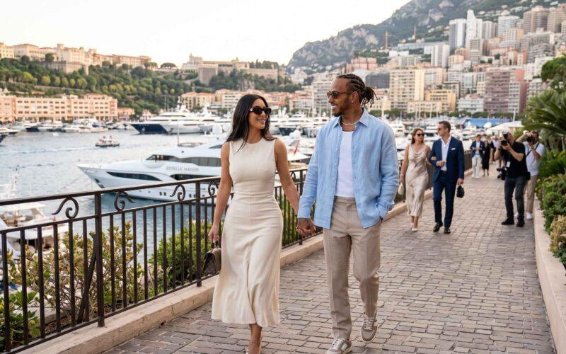 Lewis Hamilton et Kim Kardashian, vêtus de tenues élégantes, marchent main dans la main le long d'un quai bordé de yachts.
