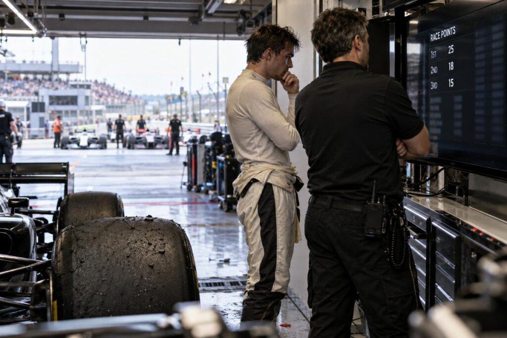 Un pilote et un ingénieur étudient un écran dans le garage indiquant 25, 18 et 15 points pour les 3 premiers finisseurs