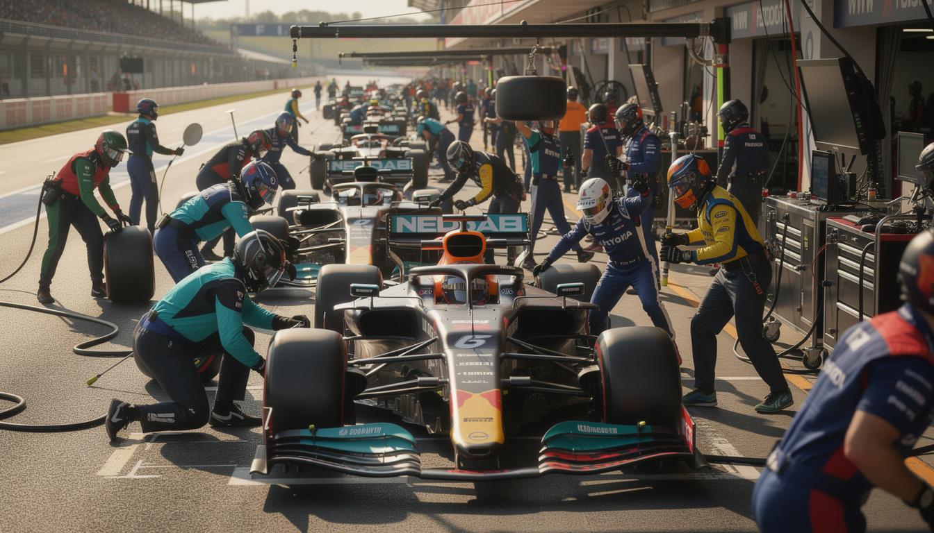 an unexpected pit lane incident causes a large-scale traffic jam, disrupting race activities and delaying the event.