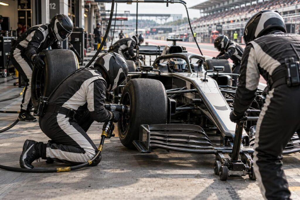 Formula 1 pit crew changing a tyre with a pneumatic wheel gun while a teammate operates the front jack