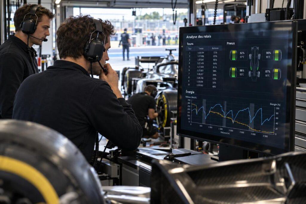 Two F1 engineers analysing lap times, tyre condition and battery data on a telemetry monitor.